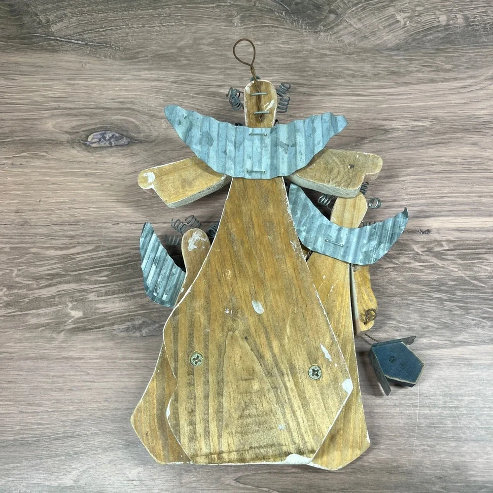 Handmade Primitive Angel Trio Wall Hanging White Distressed Wood Metal Wings